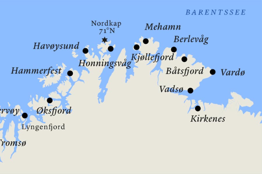 Hurtiruten Postschiff, Karte, Kirkenes, Hammerfest