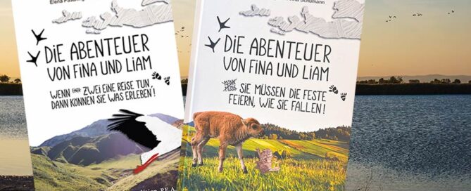 Zwei Buchcover, Die Abenteuer von Fina und Liam, im Hintergrund der Neusiedler See