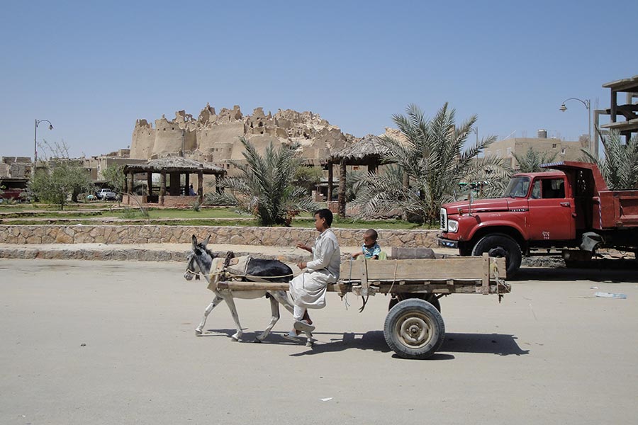 Stadtbild, altes Siwa hinten, Eselskarren und Lastwagen vorne