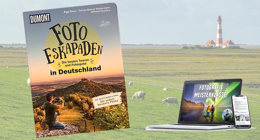 Cover des Dumont-Reisebuchs Foto-Eskapaden in Deutschland von Biggi Bauer und Florian Westermann, Symbol für Flos Fotokurs Meisterklasse, im Hintergrund Westerheversand (Foto: TravelExperience.ch)