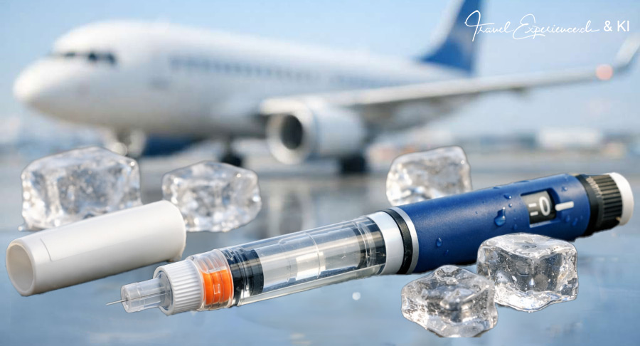 Fertig-Pen-Spritze mit Eiswürfeln im Vordergrund, dahinter sehr unscharf ein Flugzeug – das Bild ist KI-generiert.