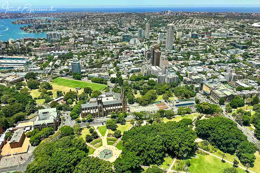 Grüne Aussicht auf den Hyde Park und die Saint Marys Cathedral vom Sydney Tower Eye aus.
